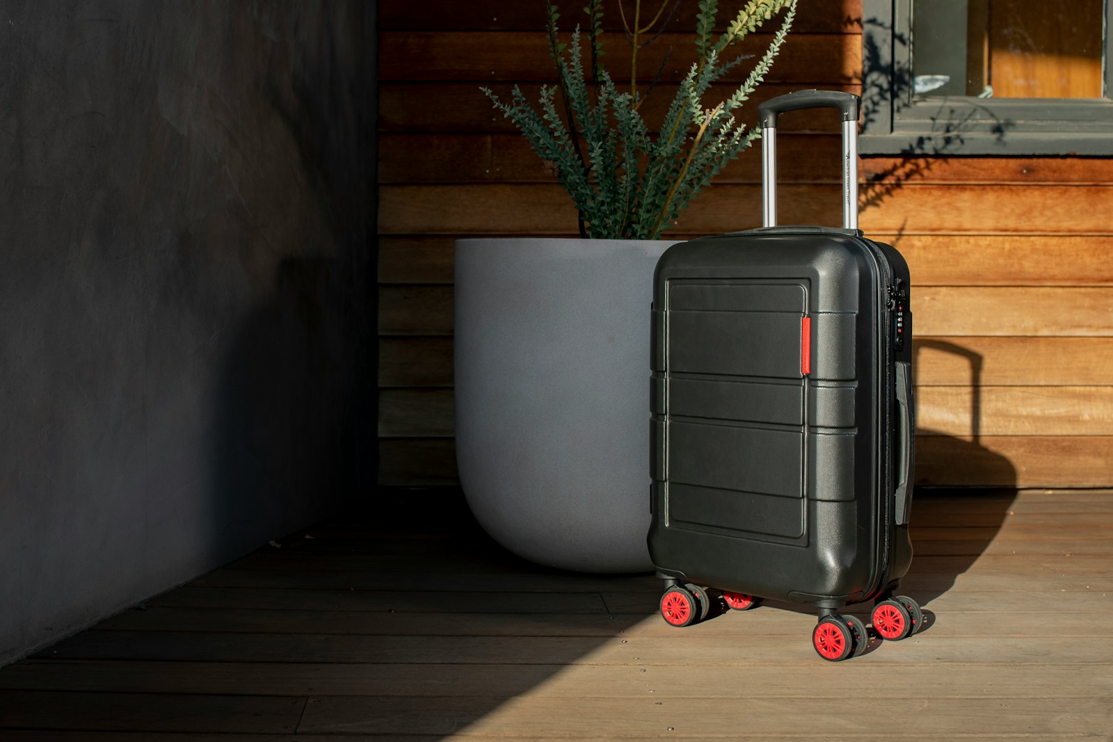 a black suitcase sitting next to a potted plant