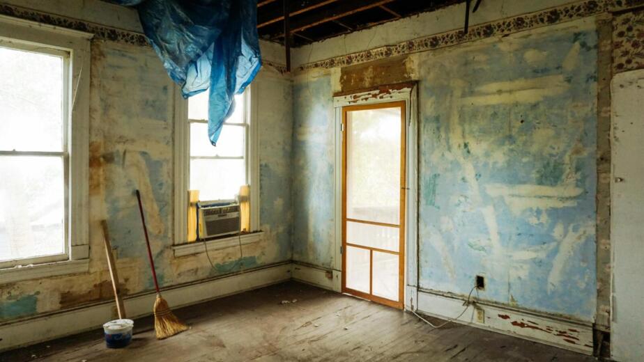 An empty room in an abandoned house with peeling walls and construction tools.