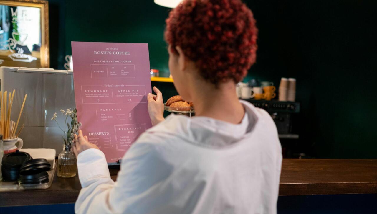 A woman with afro hair in a cafe, reading a menu with daily specials on offer.