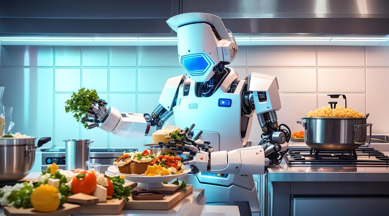 ai generated, robot, chef, modern kitchen, gourmet meal, ingredients, culinary automation, cooking, skillful, culinary arts, robotics, automation, technology, advanced kitchen, gastronomy, fine dining, food preparation, innovation, culinary excellence, efficiency, cutting-edge technology, robotic chef, culinary creativity, culinary mastery, high-end cuisine