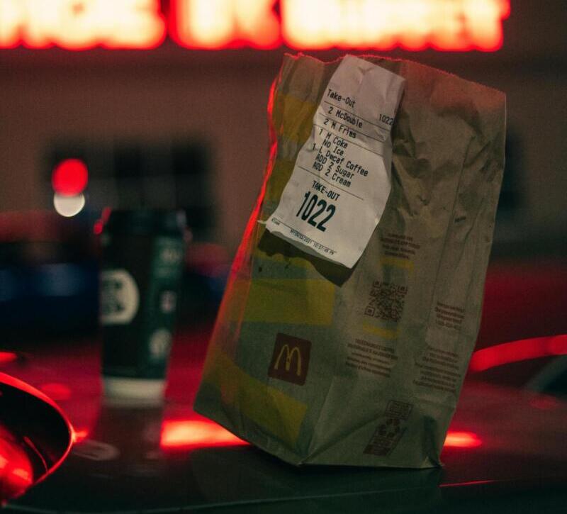 A McDonald's paper bag on a car roof at night with neon lights in the background.