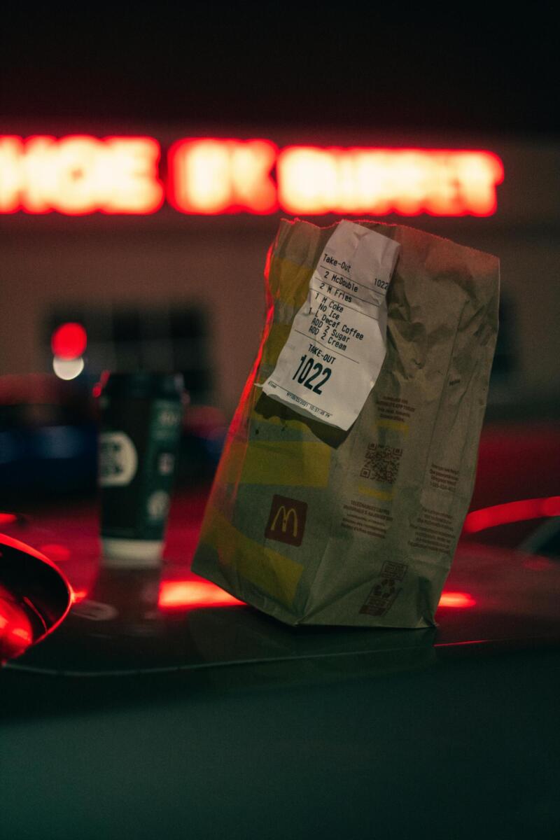 A McDonald's paper bag on a car roof at night with neon lights in the background.