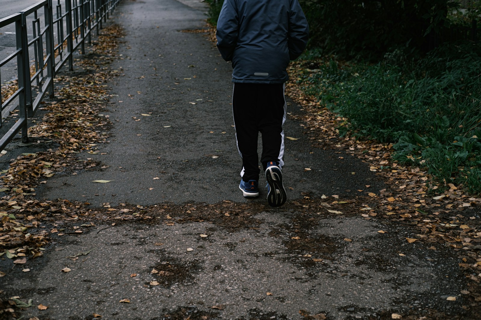 Person walking on a path with fallen leaves.