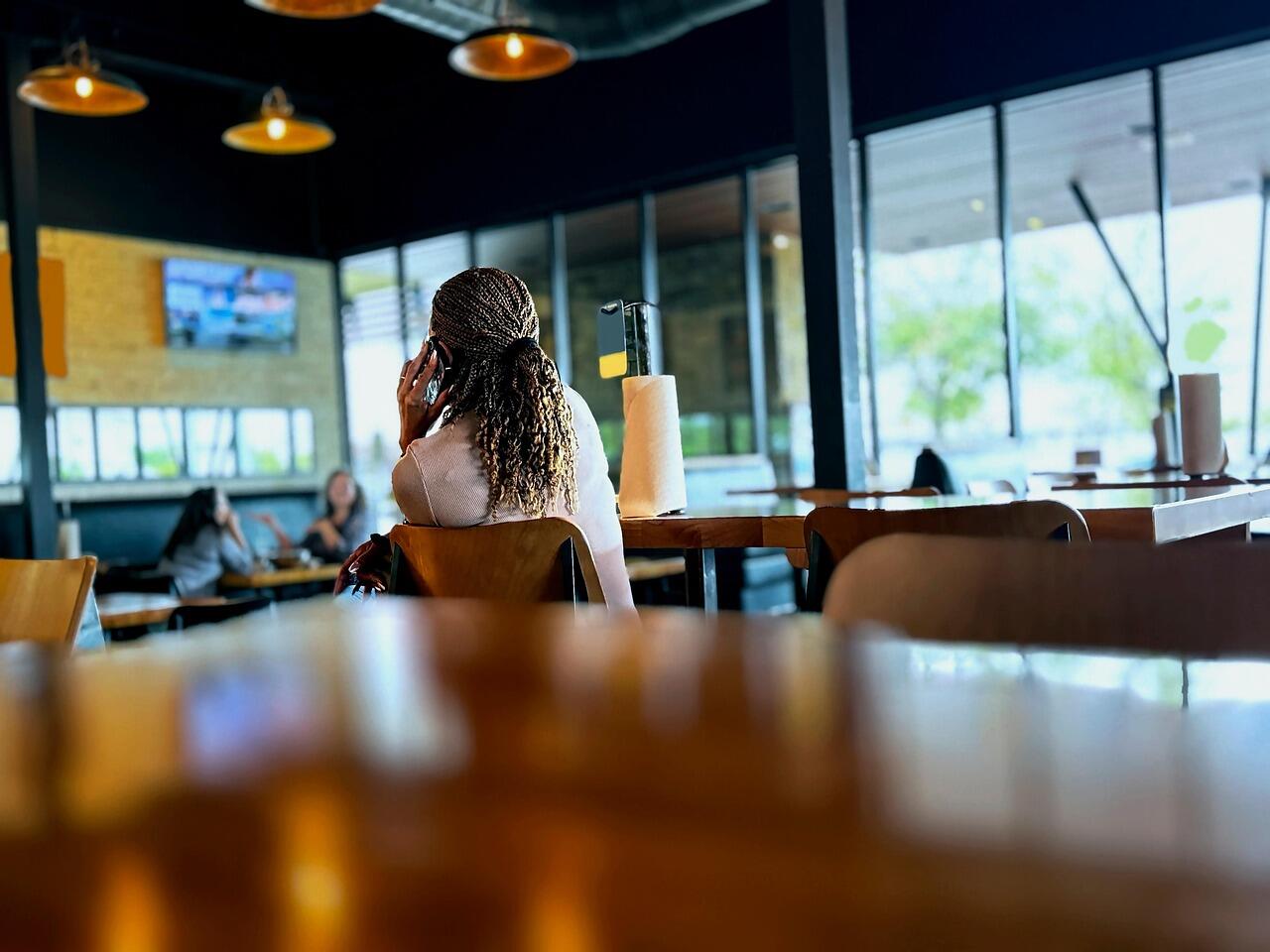 ai generated, cafe, woman, phone call, restaurant, coffee shop